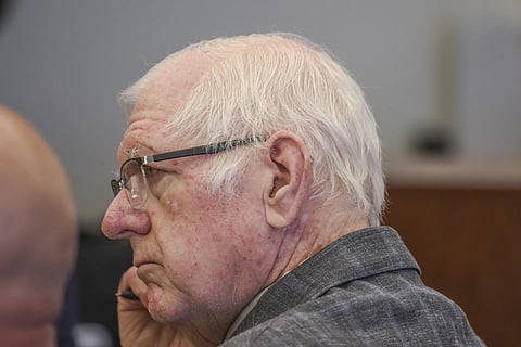 Jeffrey Ferguson, an Orange County Superior Court judge who allegedly pulled a gun from his ankle holster and fatally shot his wife, stand on trial during opening statements at the Santa Ana Courthouse, on Wednesday, Feb 19, 2025.