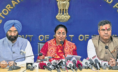 CM Rekha Gupta with ministers Manjinder Singh Sirsa and Parvesh Verma