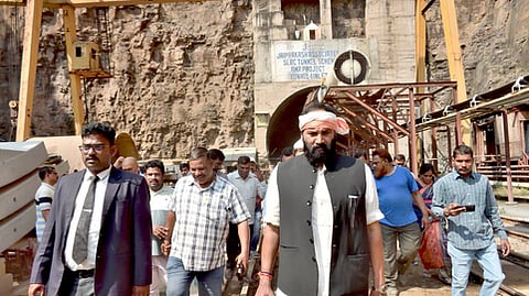 Irrigation Minister N Uttam Kumar Reddy inspects the SLBC tunnel on Feb 22, 2025.