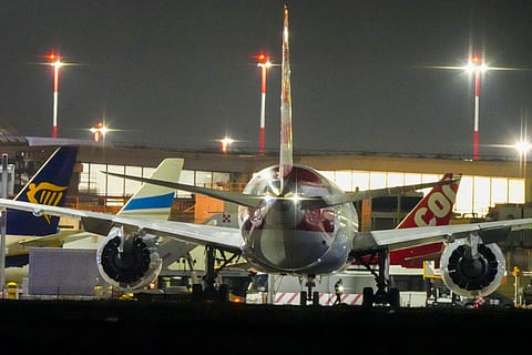American Airlines flight AA292 en route from New York to New Delhi that turned around over the Caspian Sea Sunday, Feb. 23, 2025, sits on the tamarack of Rome's Leonardo da Vinci International airport.