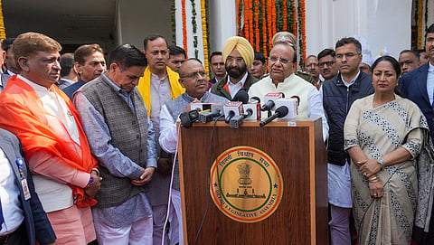 Delhi LG VK Saxena speaks to the media after addressing the Delhi Assembly during its first session, in New Delhi, Tuesday, Feb. 25, 2025.