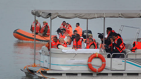 In this photo from December 14, 2019, Prime Minister Narendra Modi reviews the Namami Gange project aimed at cleaning the River Ganga, in Kanpur.
