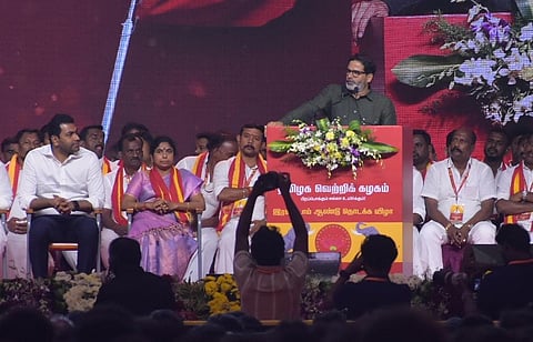 Prashant Kishor speaks during TVK's first anniversary event