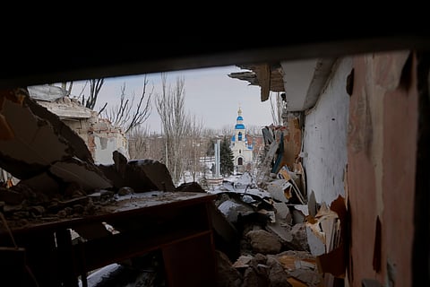 A damaged apartment building is seen after a Russian-guided aircraft bomb attack in Kostiantynivka, Donetsk region, Ukraine, Monday, Feb. 24, 2025.