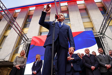 Bosnian Serb President Milorad Dodik speaks during a rally on the eve of a scheduled court verdict that could order the pro-Russia Serb leader banned from politics or even sentenced to prison in the Bosnian town of Banja Luka, 240 kms northwest of Sarajevo, Tuesday, Feb. 25, 2025.