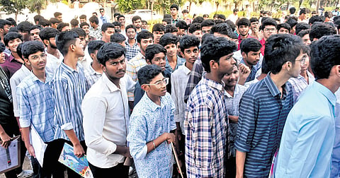 First-year students entering an examination centre in Vijayawada on Saturday