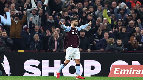 Aston Villa's Marco Asensio celebrates after scoring his side's second goal during the English FA Cup fifth round soccer match between Aston Villa and Cardiff City at the Villa Park stadium in Birmingham, England, Friday, Feb. 28, 2025.