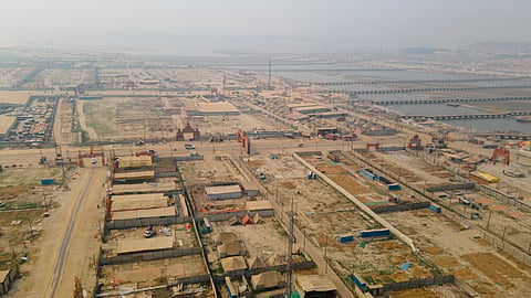 A drone shot of the Sangam area deserted days after the conclusion of Mahakumbh 2025, in Prayagraj.