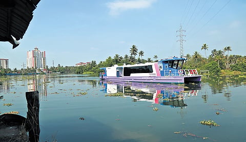 A Water Metro vessel makes its way towards the Vytilla terminal