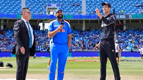 India Captain Rohit Sharma (L) and his New Zealand counterpart Mitchell Santner at the toss before their ICC Champions Trophy game on March 2, 2025
