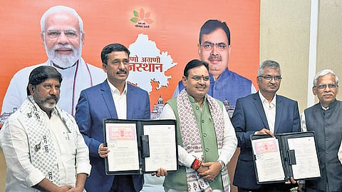 Telangana Deputy Chief Minister Mallu Bhatti Vikramarka with Rajasthan Chief Minister Bhajan Lal Sharma during MoU signing in Rajasthan on Monday.