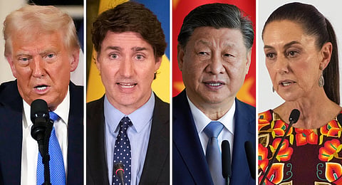 This combination of file photos shows, from left to right, US President Donald Trump, Canadian Prime Minister Justin Trudeau, China's President Xi Jinping, and Mexico's President Claudia Sheinbaum.