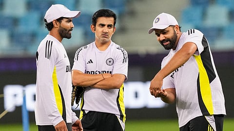 India head coach Gautam Gambhir, with captain Rohit Sharma and Ravindra Jadeja.