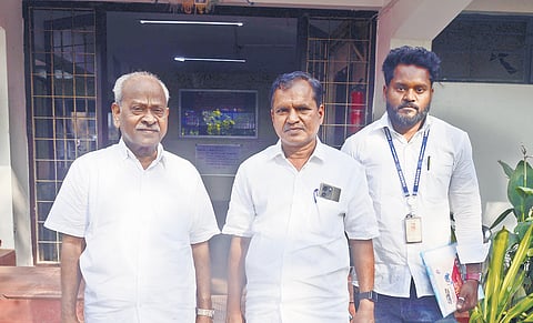 CITU state general secretary A Soundararajan (left), along with representatives from SIWU, at the labour department office at DMS in Chennai