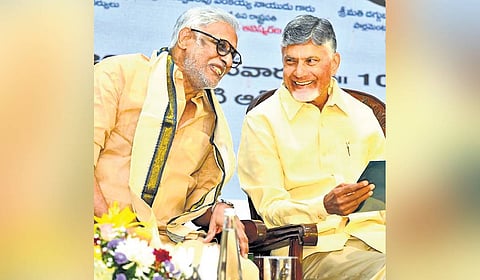 AP CM Chandrababu Naidu with Daggubati Venkateswara Rao’s at the release of the latter's book ‘Prapancha Charitra’.