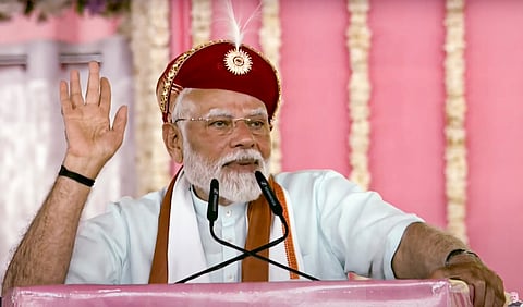 Prime Minister Narendra Modi speaks during the inauguration of Namo Hospital, in Silvassa, Dadra and Nagar Haveli and Daman and Diu.