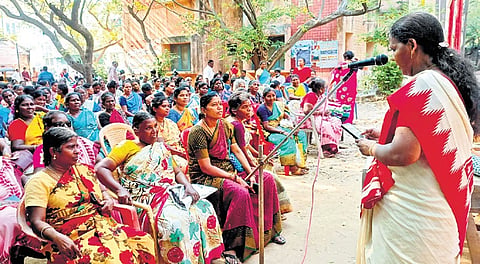 Around 100 woman sanitary workers gathered at Ripon Buildings on Saturday on Women’s Day