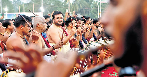 A ‘panchari melam’ performance under the leadership of actor Jayaram on Attukal Devi temple premises in Thiruvananthapuram on Sunday, as part of Pongala festival. The Pongala will be offered on March 13
