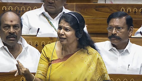 DMK MP Kanimozhi Karunanidhi speaks in the Lok Sabha during the second part of the Budget session of Parliament, in New Delhi, Monday, March 10, 2025.