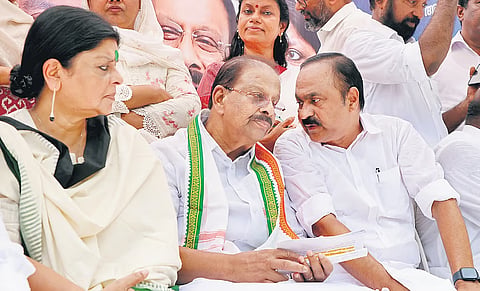 AICC general secretary in-charge of Kerala Deepa Dasmunsi, state Congress president K Sudhakaran and Leader of Opposition V D Satheesan