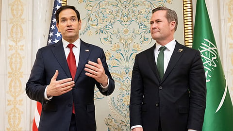 US Secretary of State Marco Rubio (L) and US National Security Advisor Mike Waltz (R) arrive to speak with the media following meetings with a Ukrainian delegation in Jeddah on March 11, 2025.