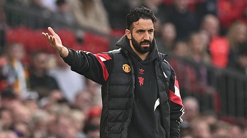 Manchester United's Portuguese head coach Ruben Amorim gestures on the touchline during the English Premier League football match between Manchester United and Arsenal at Old Trafford in Manchester, on March 9, 2025.