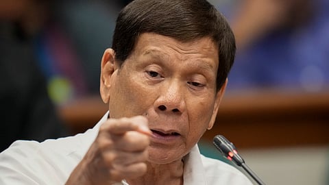 Former Philippine President Rodrigo Duterte speaks during a senate inquiry on the so-called war on drugs during his administration at the Philippine Senate Monday, Oct. 28, 2024, in Manila, Philippines