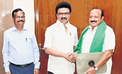 Minister M R K Panneerselvam calls on Chief Minister M K Stalin before presenting the exclusive agriculture budget in Chennai on Saturday