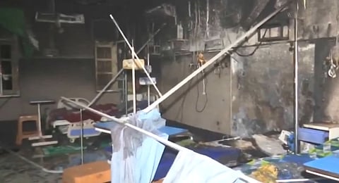 Debris and charred remains after a fire at the ICU ward of Kamla Raja Hospital, Gwalior, March 16, 2025.
