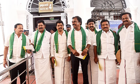 DMK MLAs come out with agri attire after the assembly Agri budget 2025-26 session in Chennai on Saturday