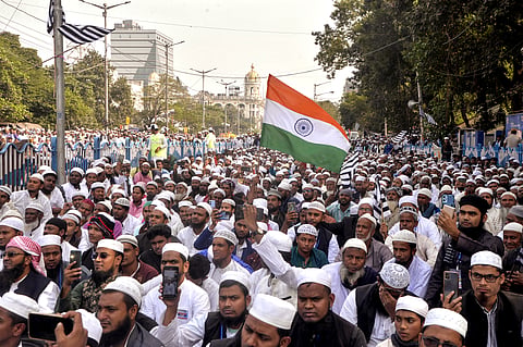 In this photo from November 28, 2024, supporters of the Jamiat Ulema-e-Hind are seen staging a protest against the Waqf (Amendment) bill 2024, in Kolkata.