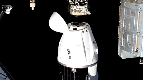 This image taken from NASA video shows the SpaceX capsule carrying NASA astronauts Suni Williams, Butch Wilmore and Nick Hague, and Russian astronaut Alexander Gorbunov, undocking from the International Space Station on Tuesday, March 18, 2025.