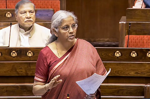 Union Finance Minister Nirmala Sitharaman speaks in the Rajya Sabha during the Budget session of Parliament, in New Delhi, Tuesday, March 18, 2025.