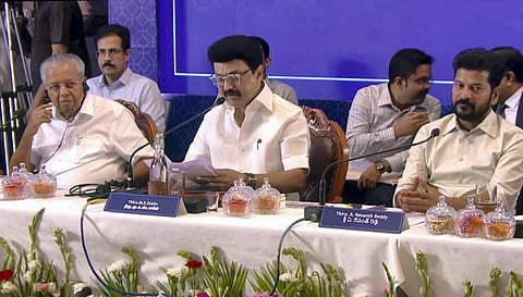 In this screengrab from a video posted by @TNDIPR21 via Youtube on Saturday, March 22, 2025, Tamil Nadu Chief Minister MK Stalin addresses the joint action committee meeting on the issue of Lok Sabha constituency delimitation, in Chennai. Kerala CM Pinarayi Vijayan and Telangana CM Revanth Reddy are also seen.
