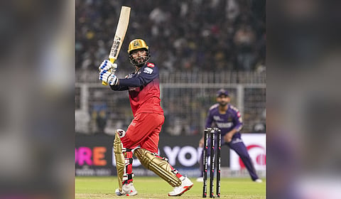 Royal Challengers Bengaluru's Rajat Patidar plays a shot during the Indian Premier League cricket match between Kolkata Knight Riders and Royal Challengers Bengaluru, at Eden Gardens in Kolkata, Saturday, March 22, 2025.
