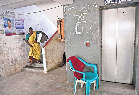 Non-functioning elevators and a damaged staircase are severely hindering residents’ accessibility
at K P Park high-rise TNUHDB tenements