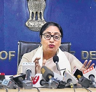 Delhi CM Smt. Rekha Gupta during a Press Conference at Delhi Secretariat, in New Delhi on Saturday.