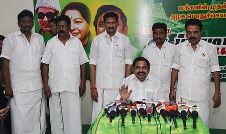 AIADMK leader Edappadi K Palaniswami addressing reporters in Salem