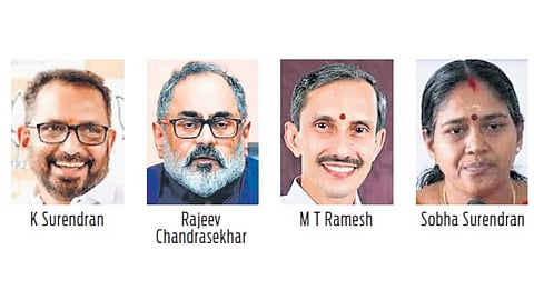 Of the four frontrunners, K Surendran and Sobha Surendran are from the Ezhava community. Rajeev Chandrasekhar is from the Nair community while M T Ramesh represents the Vellala community.