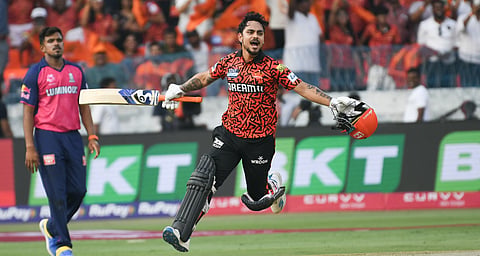 Ishan Kishan celebrates his hundred against RR on Sunday
