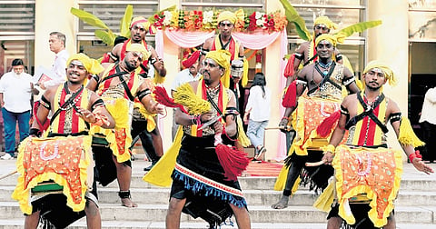 Folk artistes perform ahead of Karnataka Sahitya Academy awards at Ravindra Kalakshetra in Bengaluru on Monday | nagaraja gadekal