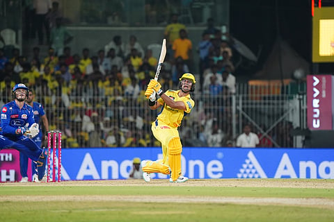 Rachin Ravindra plays a shot at the MA Chidambaram Stadium on Sunday