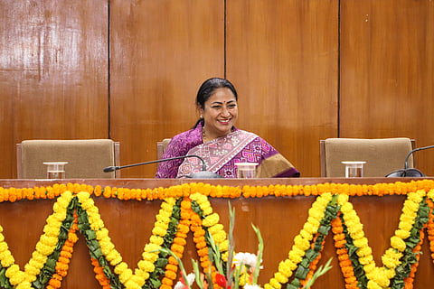 In this image released by @DelhiGovDigital via X on March 24, 2025, Delhi Chief Minister Rekha Gupta presides over the BJP MLAs' meeting at the Delhi Legislative Assembly, in New Delhi.