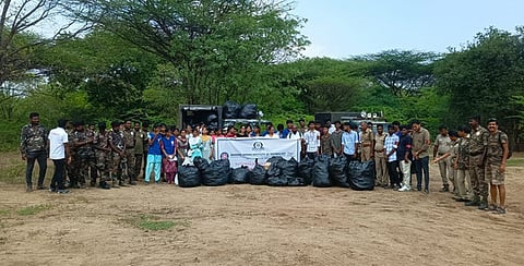 Along with the forest department, college students, social activists were engaged in collection of plastic and liquor bottles in the forest area of Sathyamangalam Tiger Reserve in Erode on Sunday.