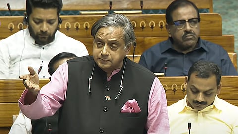 Congress MP Shashi Tharoor speaks in the Lok Sabha during the Budget session of Parliament, in New Delhi, Monday, March 24, 2025.