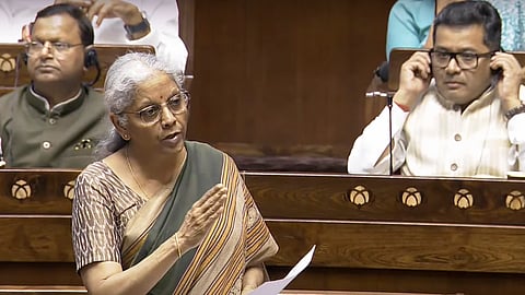 Union Finance Minister Nirmala Sitharaman speaks in the Rajya Sabha during the Budget session of Parliament, in New Delhi, Wednesday, March 26, 2025.