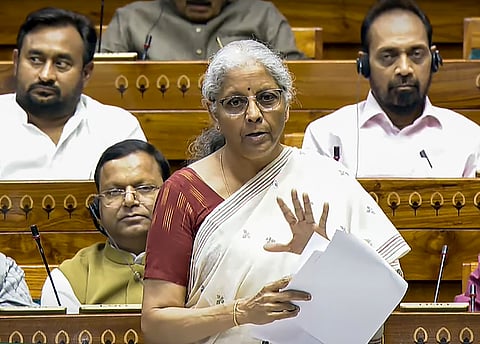 Union Minister Nirmala Sitharaman speaks in the Lok Sabha during the Budget session of Parliament, in New Delhi, Tuesday, March 25, 2025.