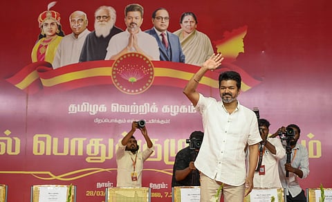 Chennai: Actor and Tamilaga Vettri Kazhagam (TVK) chief Vijay during the party's first general council meeting, in Chennai, Friday, March 28, 2025.