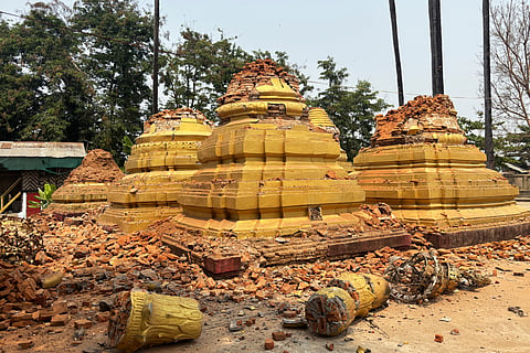 Damaged pagodas are seen after an earthquake, Friday, March 28, 2025 in Naypyitaw, Myanmar.