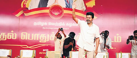 TVK chief Vijay at the party’s general body meeting in Chennai on Friday.
